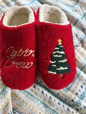 Target Red Plush Holiday Slippers with Embroidered Tree